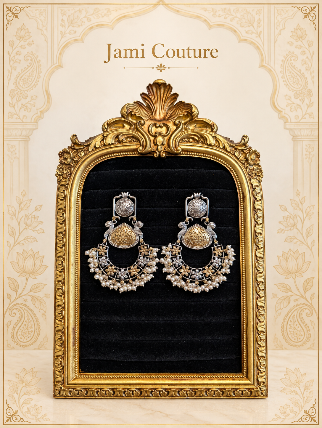 Oxidised Lotus Chandbali Earrings with Dual-Tone Floral Work & Pearl Fringe | Long Statement