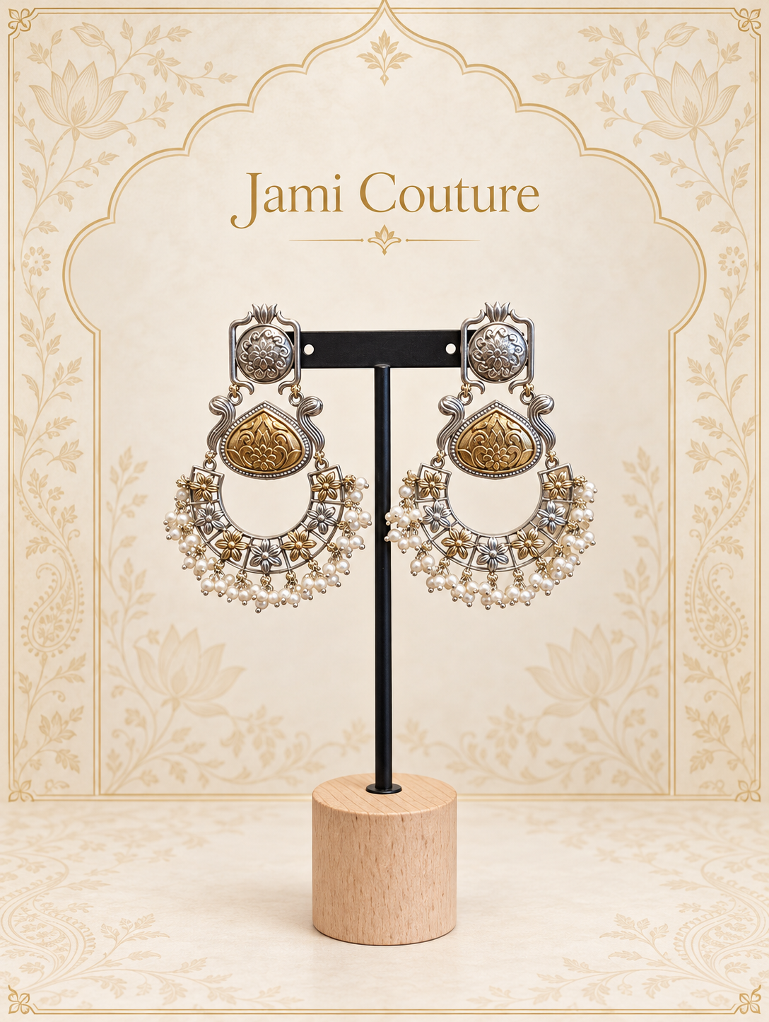 Oxidised Lotus Chandbali Earrings with Dual-Tone Floral Work & Pearl Fringe | Long Statement