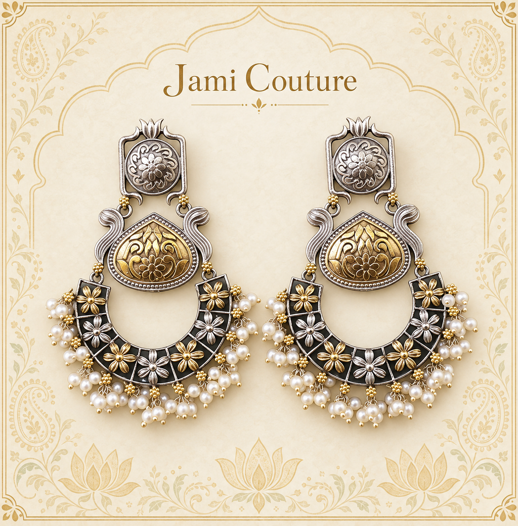 Oxidised Lotus Chandbali Earrings with Dual-Tone Floral Work & Pearl Fringe | Long Statement