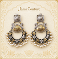 Oxidised Lotus Chandbali Earrings with Dual-Tone Floral Work & Pearl Fringe | Long Statement