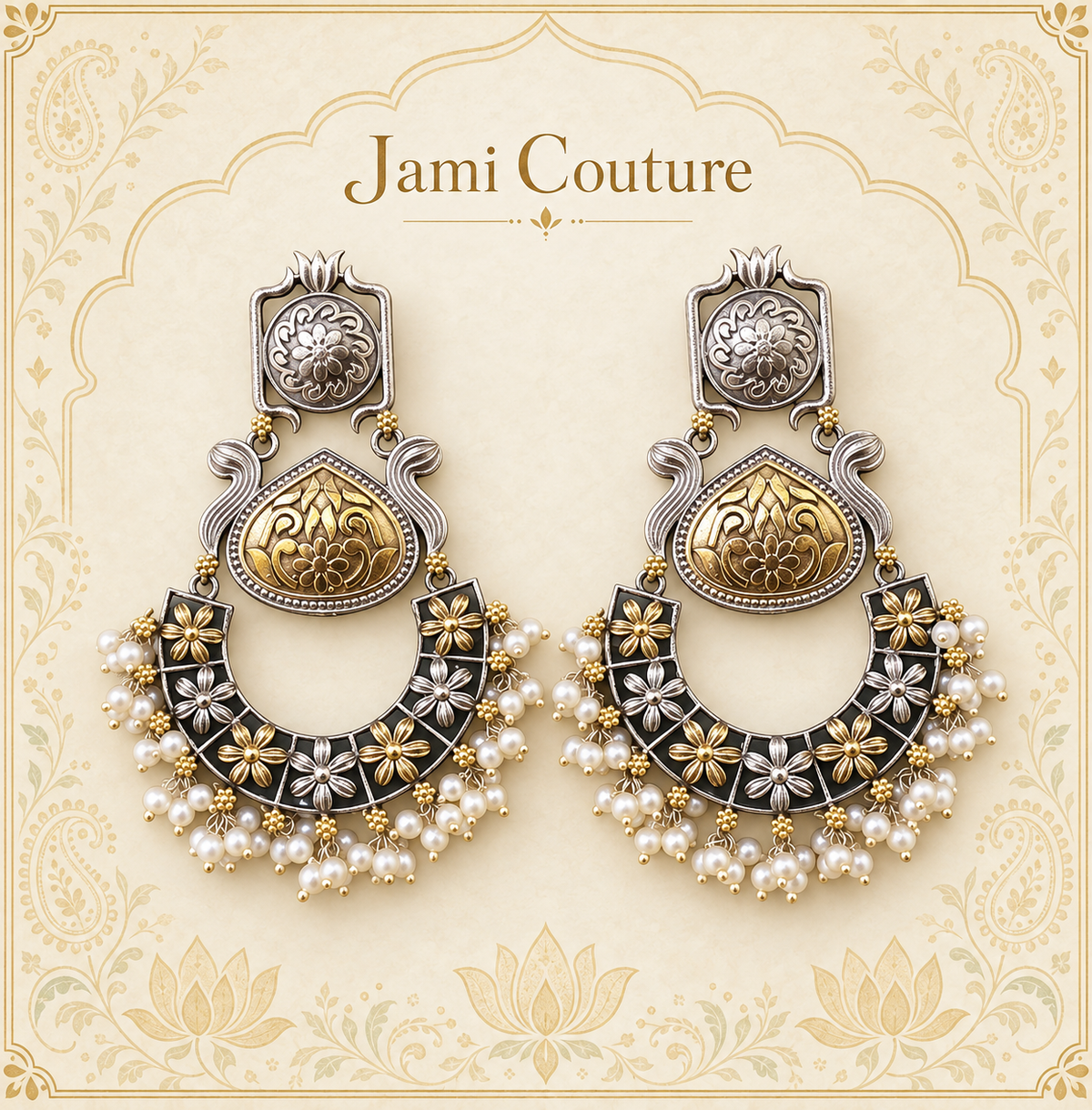 Oxidised Lotus Chandbali Earrings with Dual-Tone Floral Work & Pearl Fringe | Long Statement