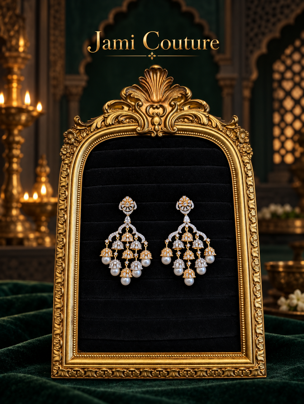 American Diamond Jhumka Chandelier Earrings with Pearl Drops | Two-Tone Bollywood Style