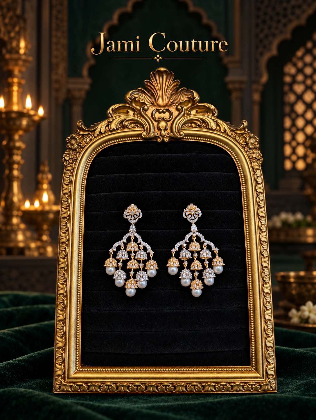 American Diamond Jhumka Chandelier Earrings with Pearl Drops | Two-Tone Bollywood Style