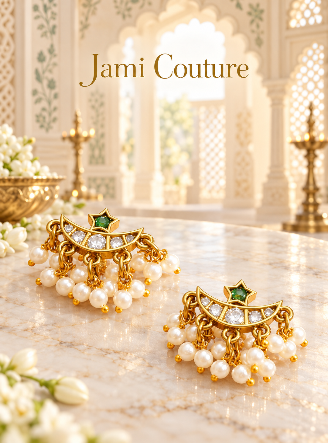 Crescent Moon & Star Ear Cuffs with Emerald, CZ & Pearl Fringe | Gold-Plated