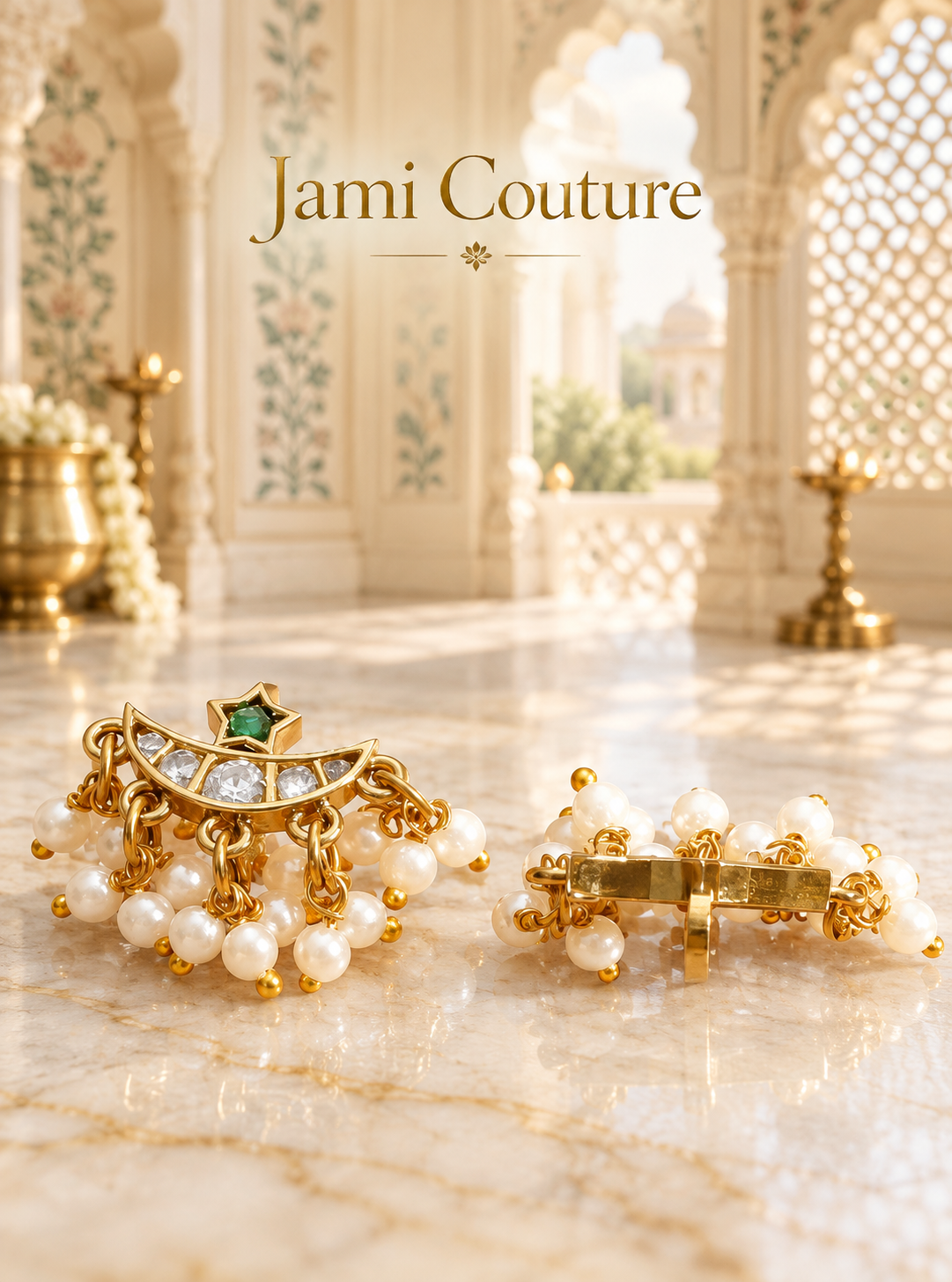 Crescent Moon & Star Ear Cuffs with Emerald, CZ & Pearl Fringe | Gold-Plated