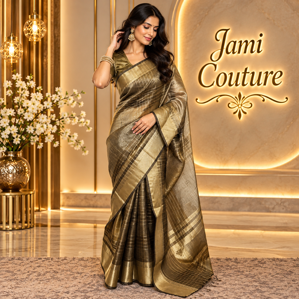 Antique Gold Tissue Organza Saree, Gold Zari Checks