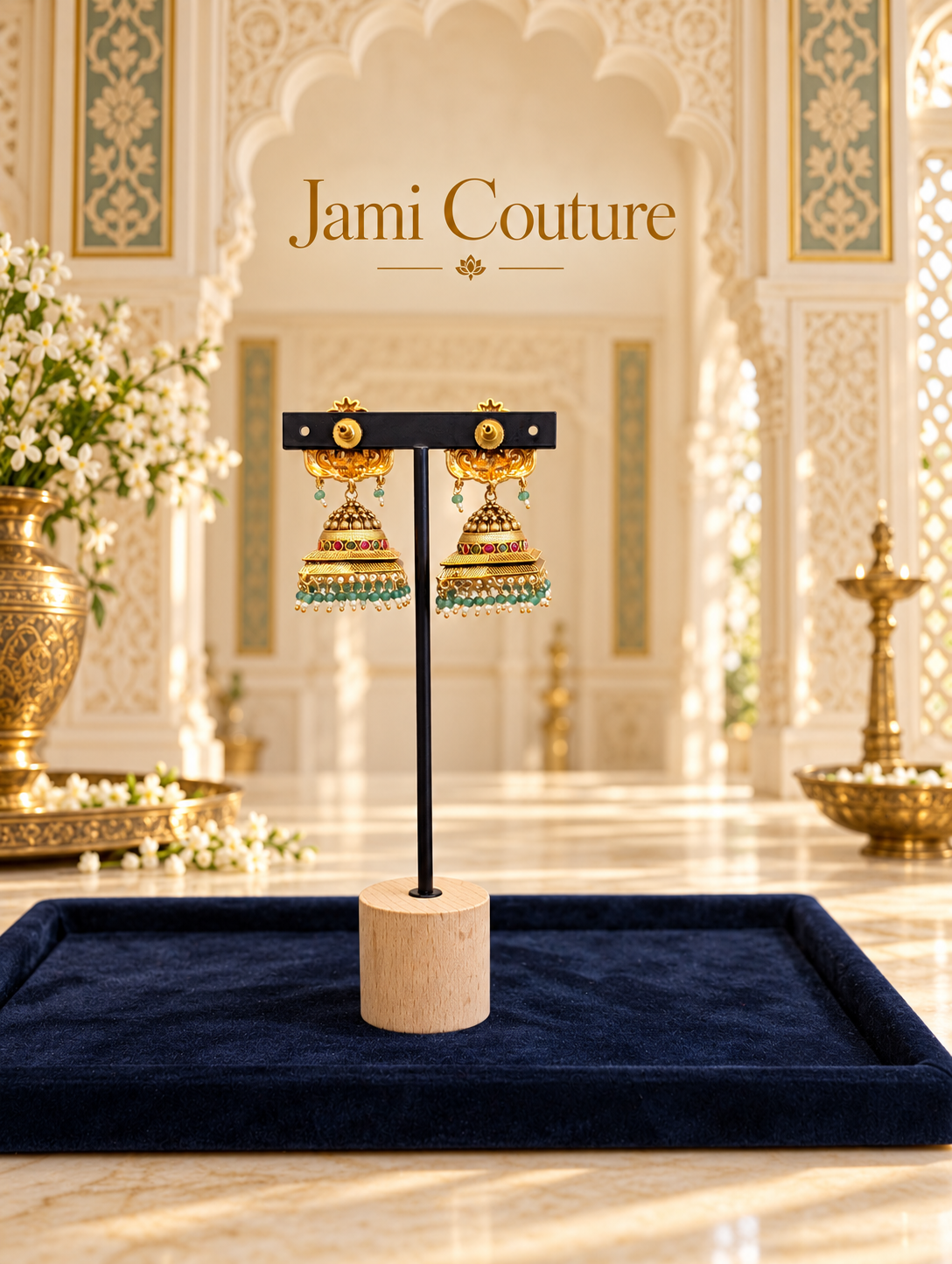 Temple Lakshmi Jhumka Earrings with Ruby, Emerald & Green Bead Detailing | Antique Matte Gold