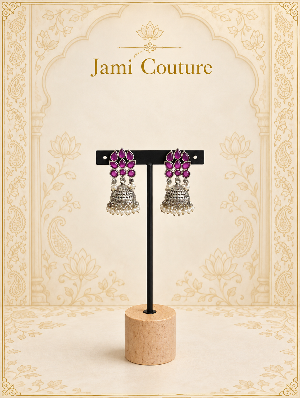Oxidised Silver Ruby Lotus Jhumka Earrings with Pearl Cluster Fringe | Temple Style