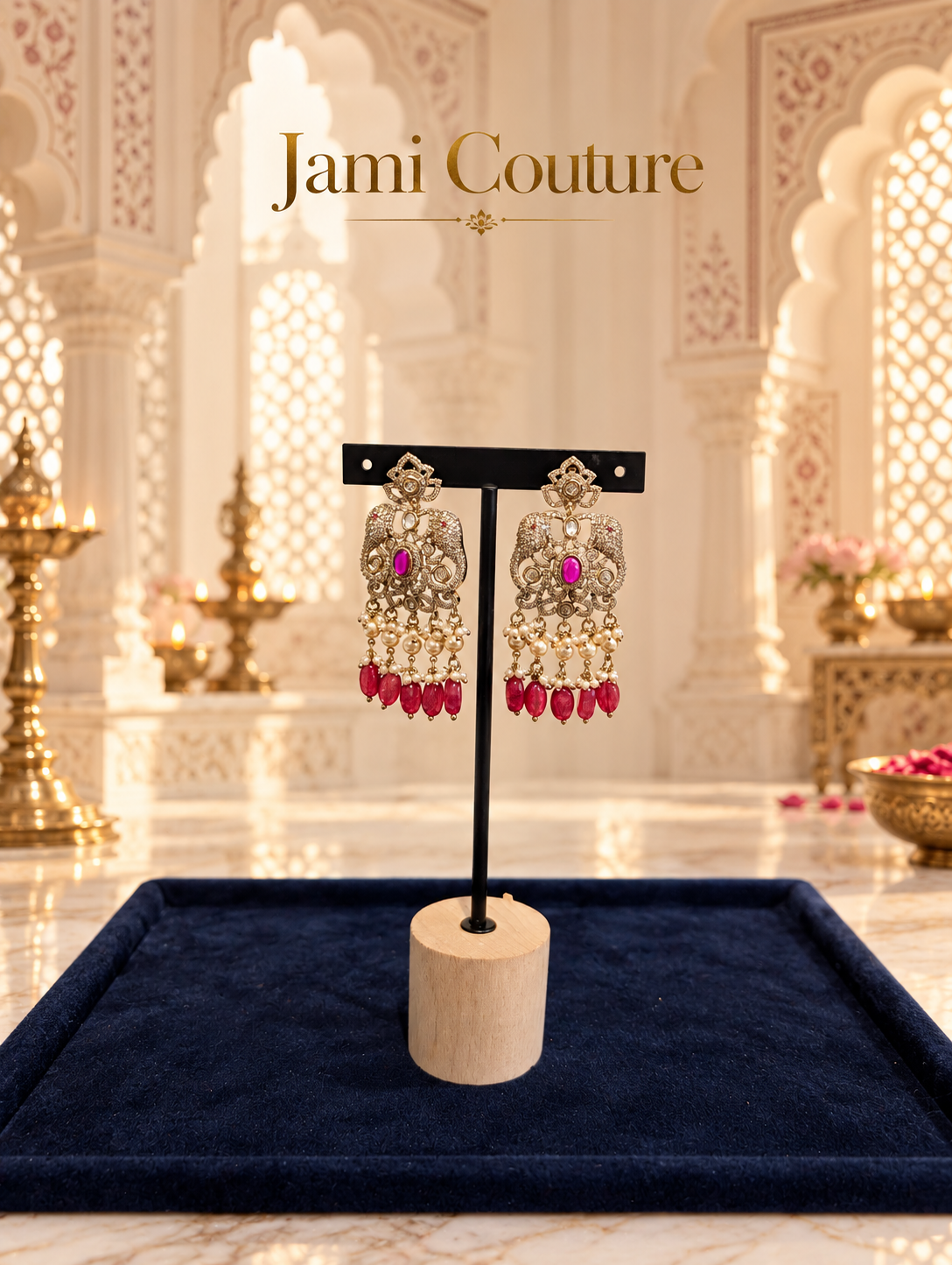 Kundan Peacock Chandbali Earrings with Ruby, Pearl & Bead Drops | Mehndi Gold