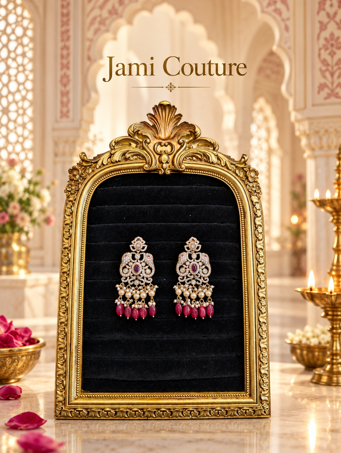 Kundan Peacock Chandbali Earrings with Ruby, Pearl & Bead Drops | Mehndi Gold