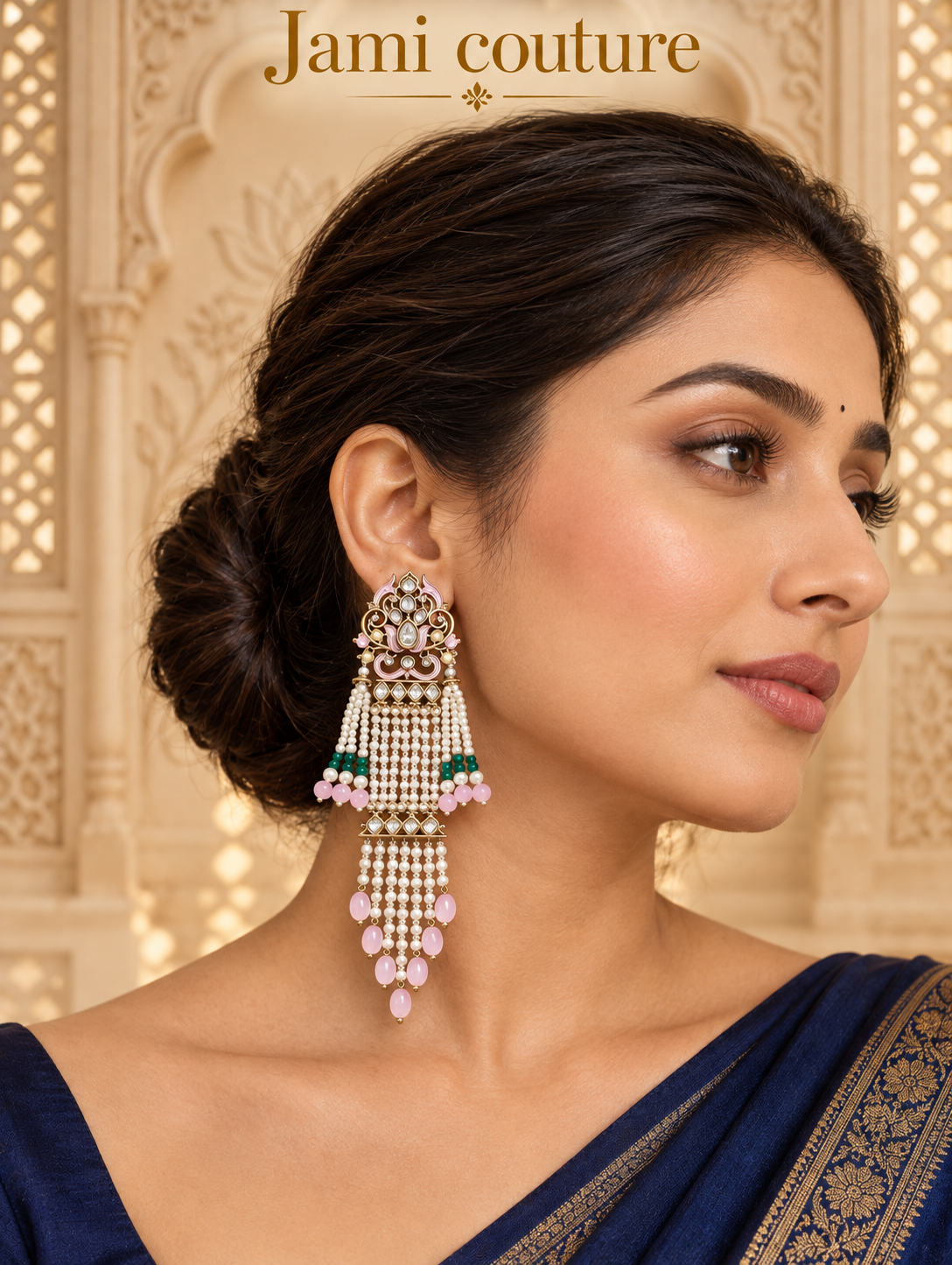 Pink Meenakari Pearl Chandelier Earrings with Kundan & Green Bead Detailing | Long Statement Earrings
