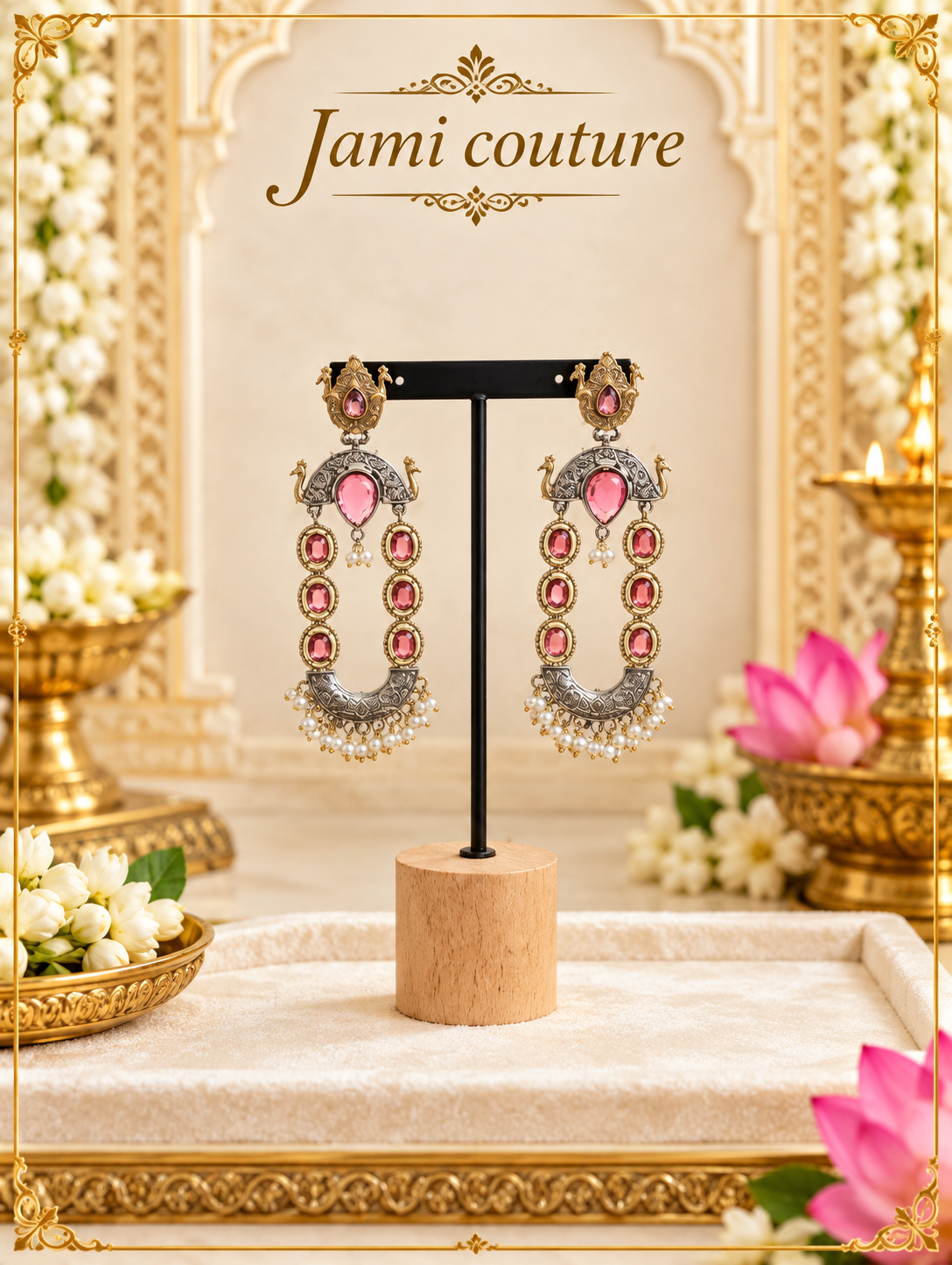 Oxidised Peacock Dual-Tone Chandelier Earrings with Ruby Stones & Pearl Fringe | Long Statement