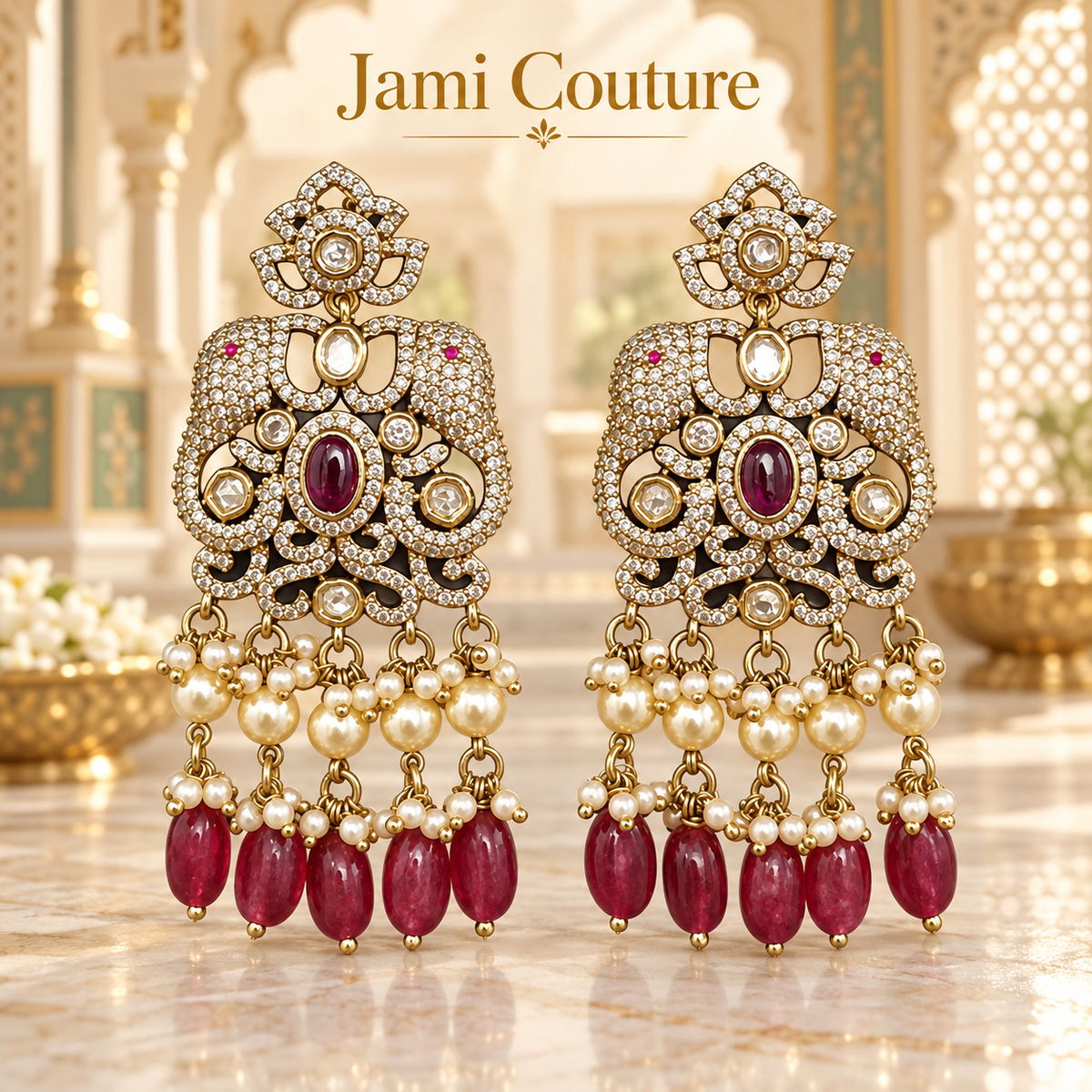 Kundan Peacock Chandbali Earrings with Ruby, Pearl & Bead Drops | Mehndi Gold