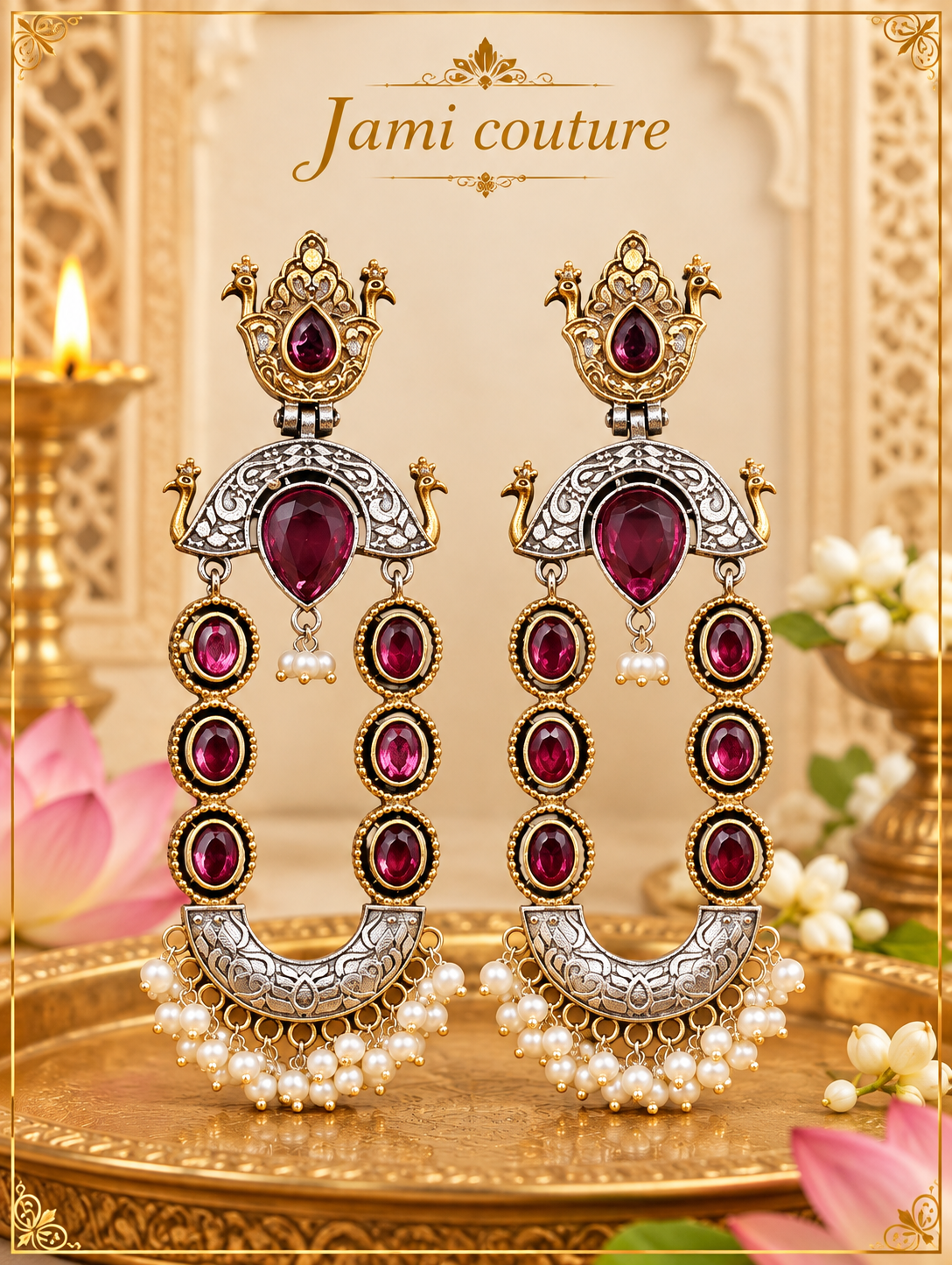 Oxidised Peacock Dual-Tone Chandelier Earrings with Ruby Stones & Pearl Fringe | Long Statement
