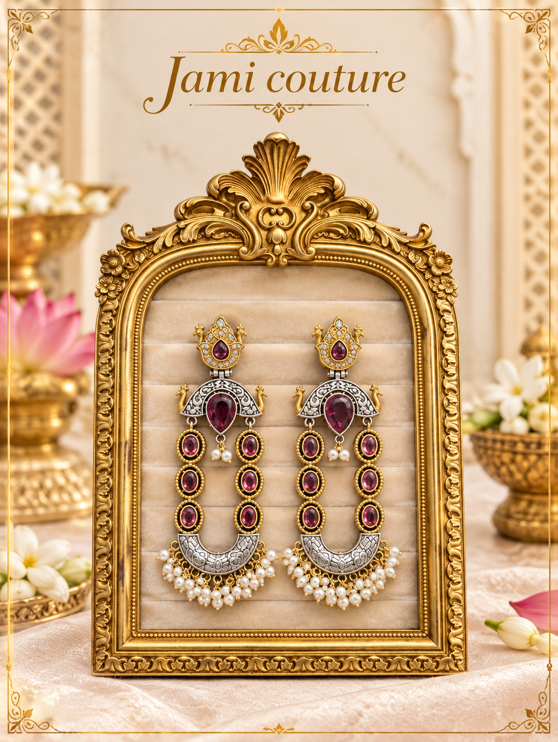 Oxidised Peacock Dual-Tone Chandelier Earrings with Ruby Stones & Pearl Fringe | Long Statement