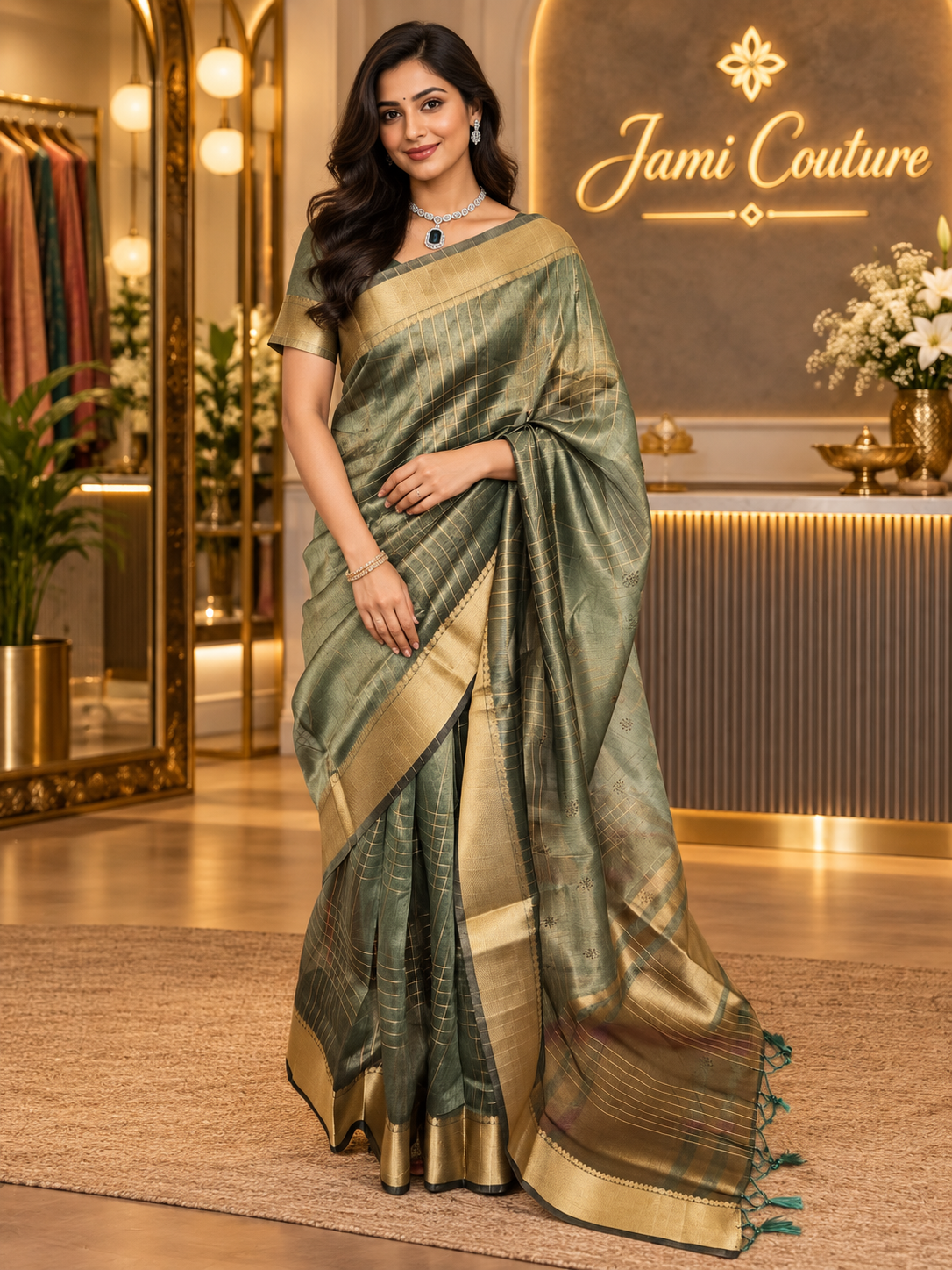 Sage Green Tissue Organza Saree, Gold Zari Checks