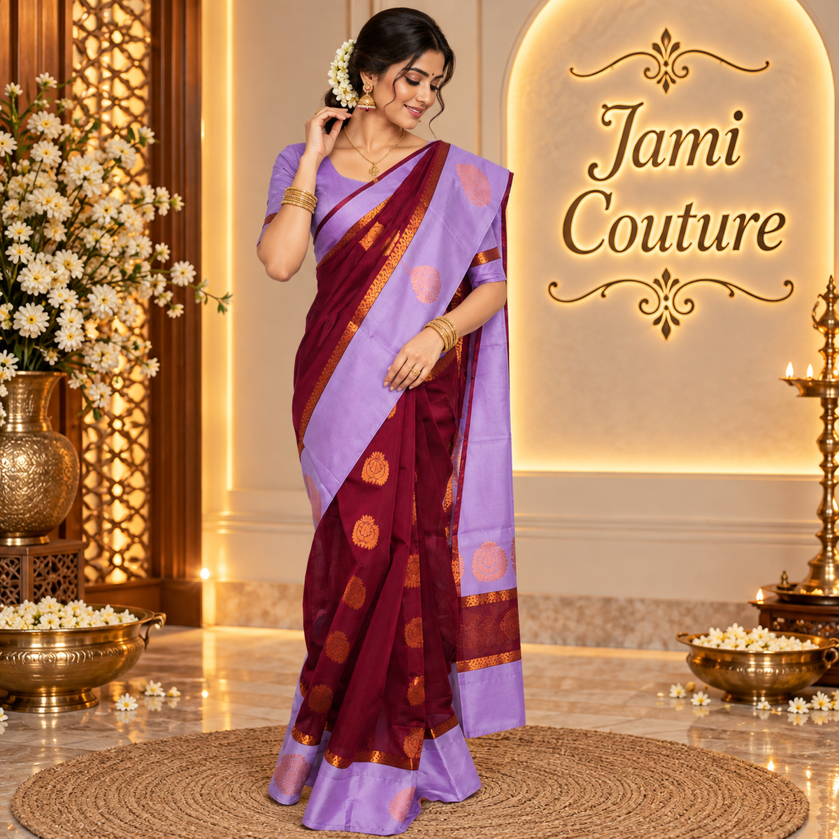 Wine Silk Cotton Saree with Lavender Border