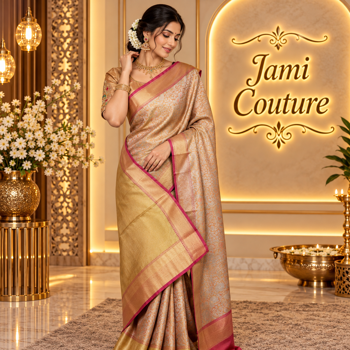 Gold Kanchivaram Silk Saree with Pink Border