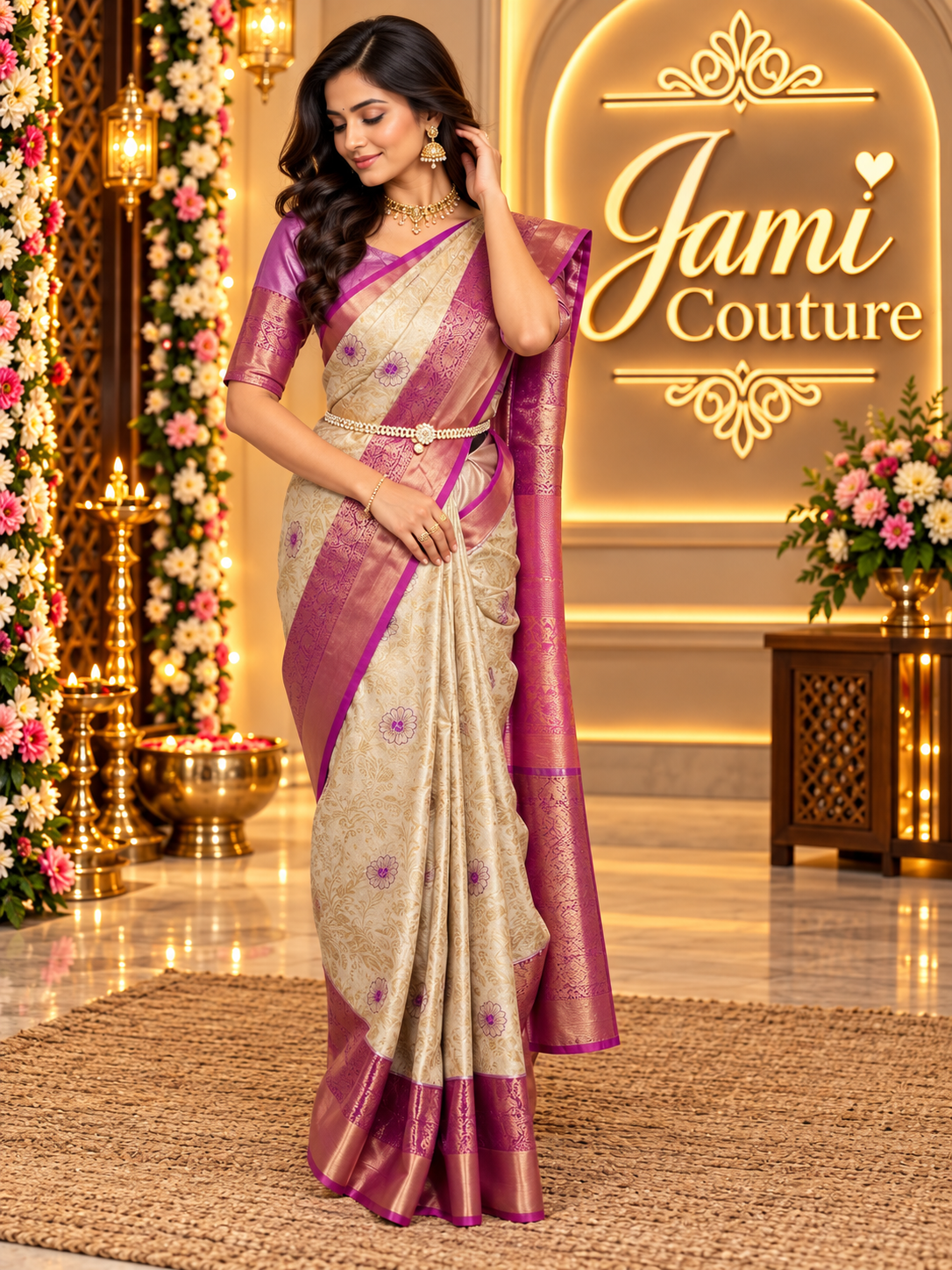 Ivory Gold Kanchipuram Silk Saree with Magenta Zari Border & Floral Motifs | Matching Stitched Blouse