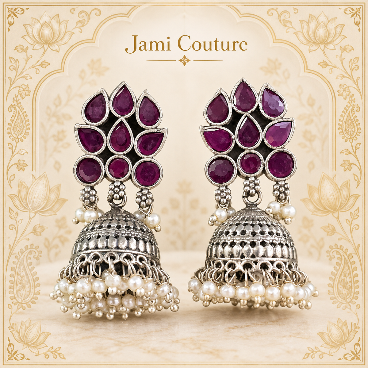 Oxidised Silver Ruby Lotus Jhumka Earrings with Pearl Cluster Fringe | Temple Style