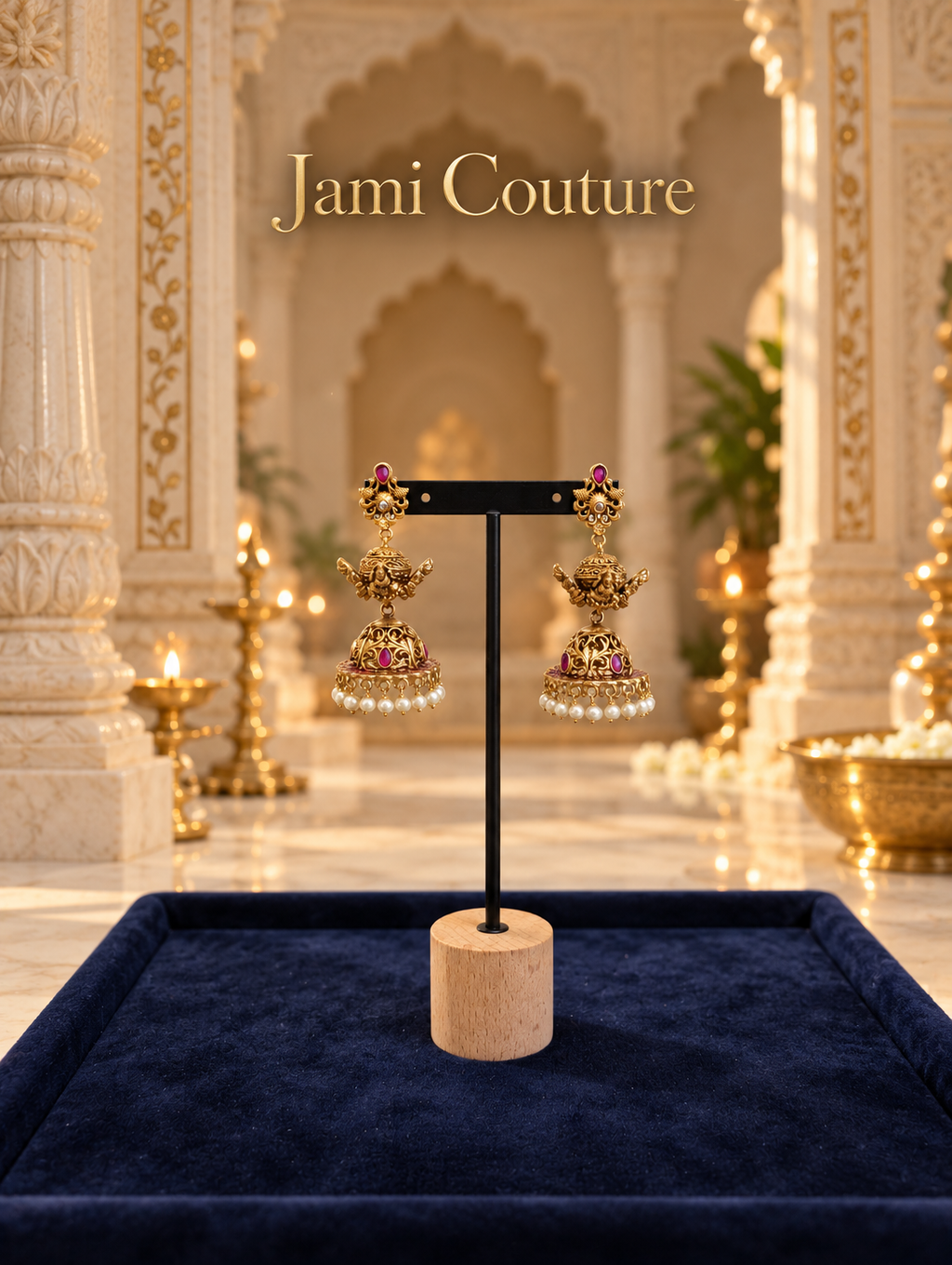 Temple Peacock Jhumka Earrings with Ruby, CZ & Pearl Fringe | Antique Gold