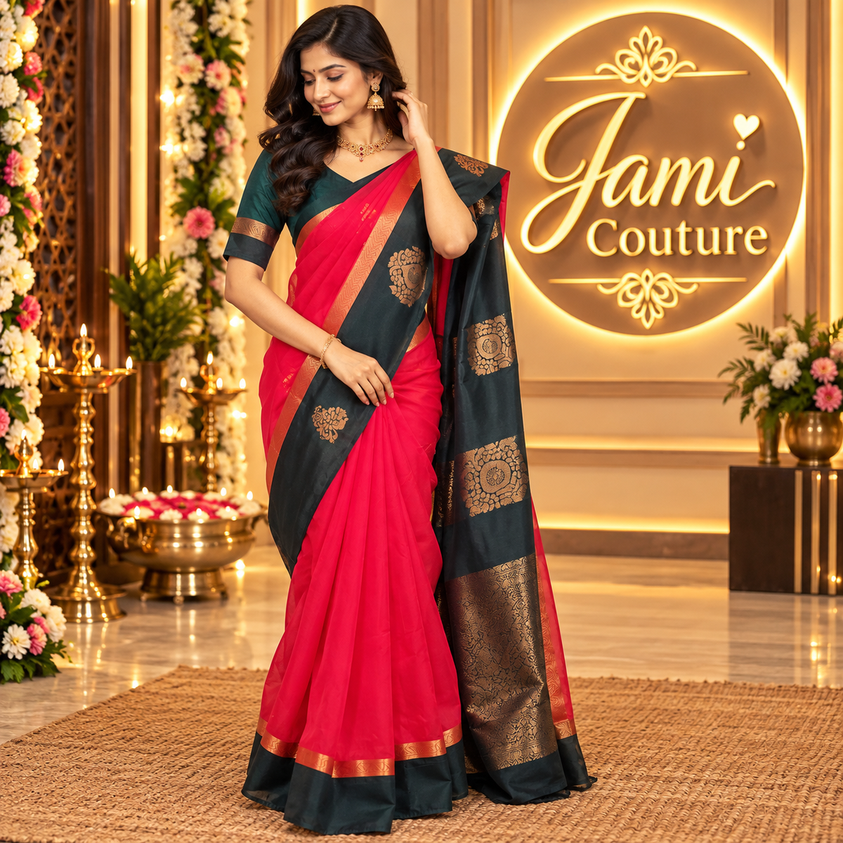 Rani Pink Silk Cotton Saree, Bottle Green Border