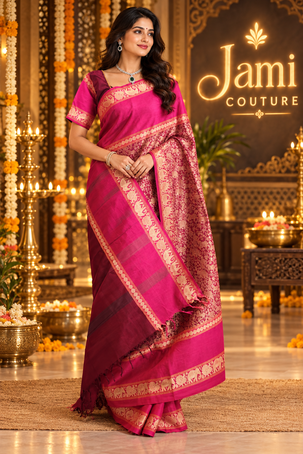 Vana Soundaryam Wine Handloom Silk Cotton Saree, Pink Blouse