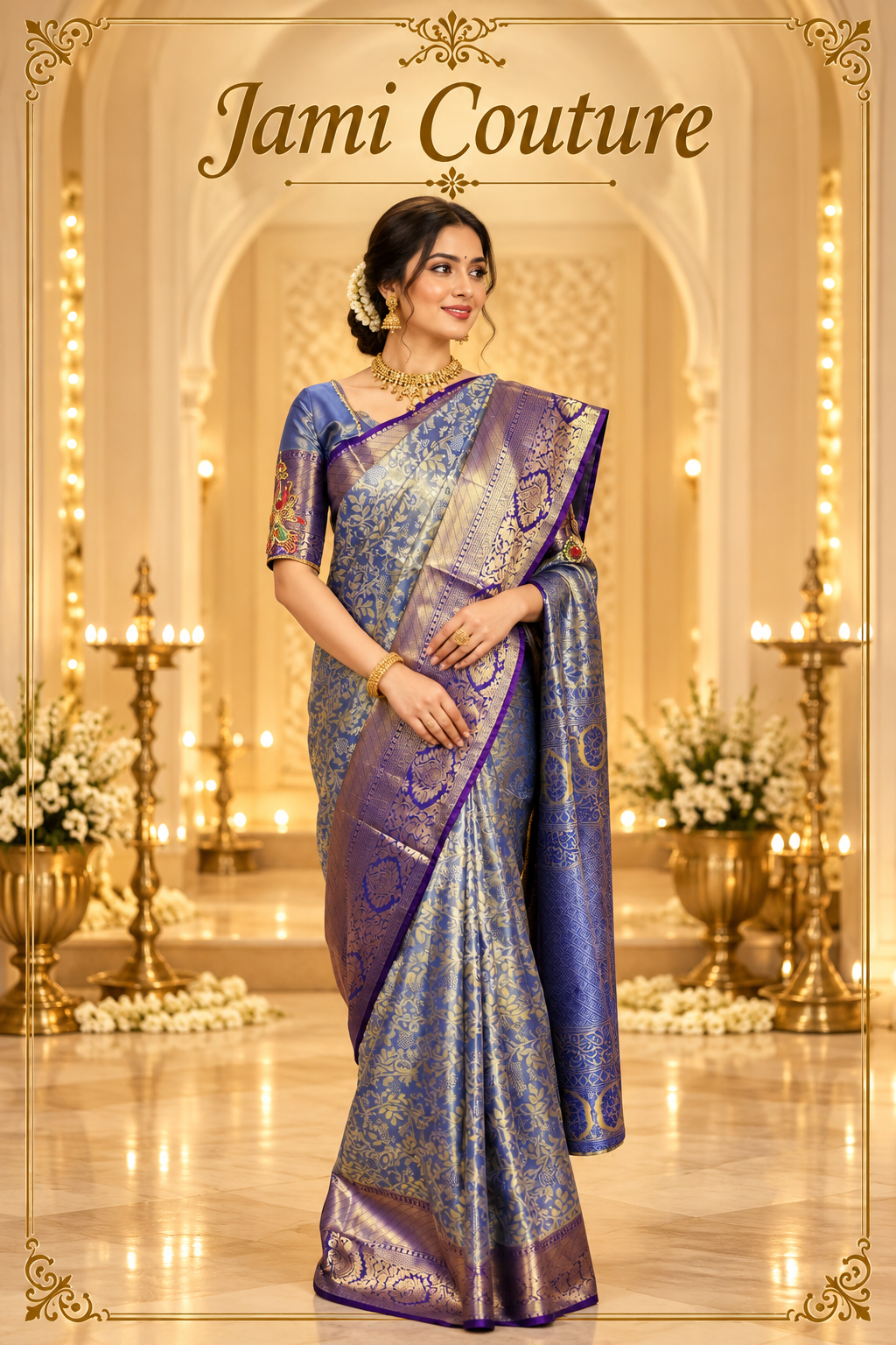 Steel Blue Kanchivaram Silk Saree, Purple Border