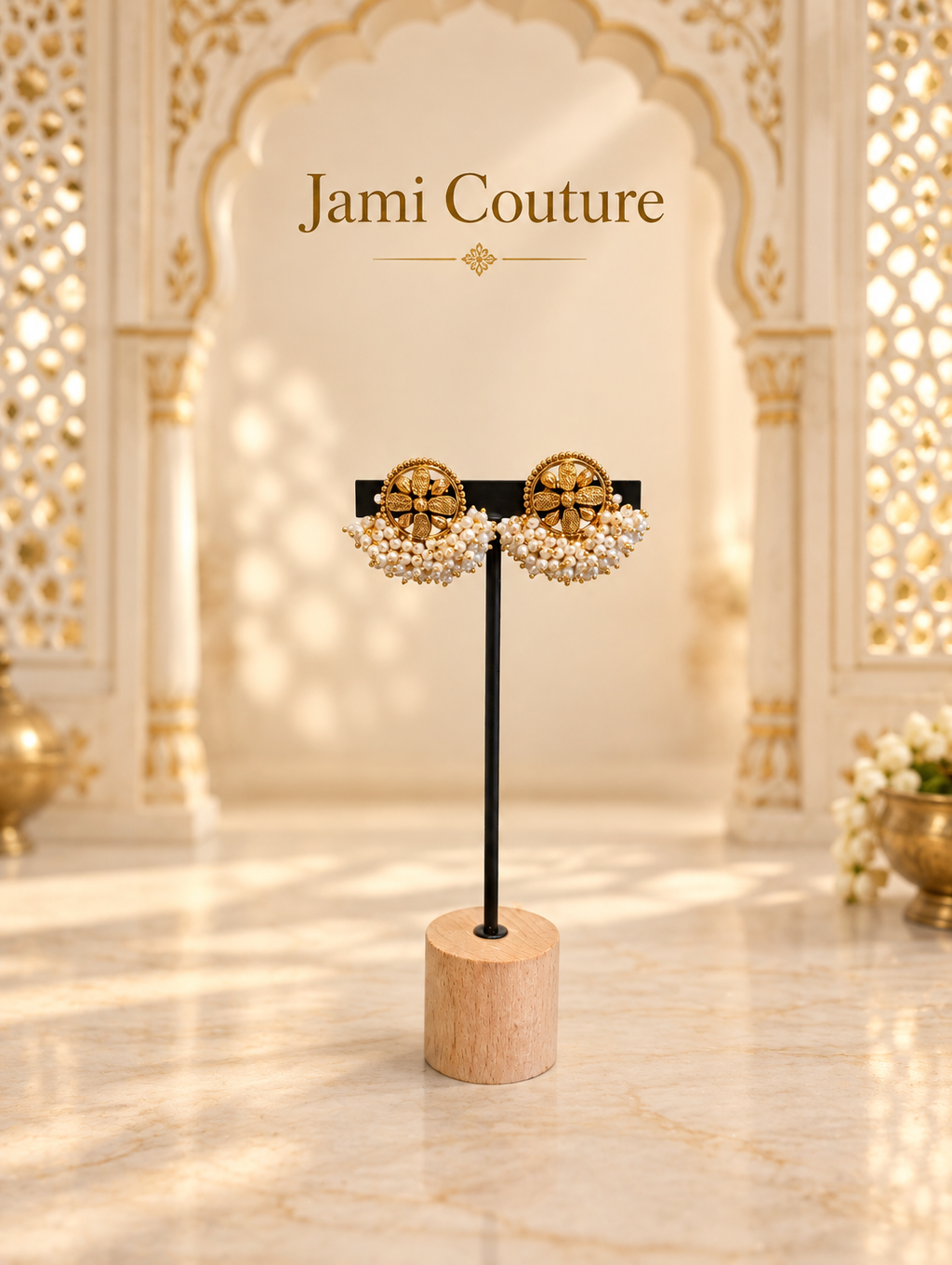 Antique Gold Floral Stud Earrings with Pearl Cluster Fringe | Matte Gold Tops
