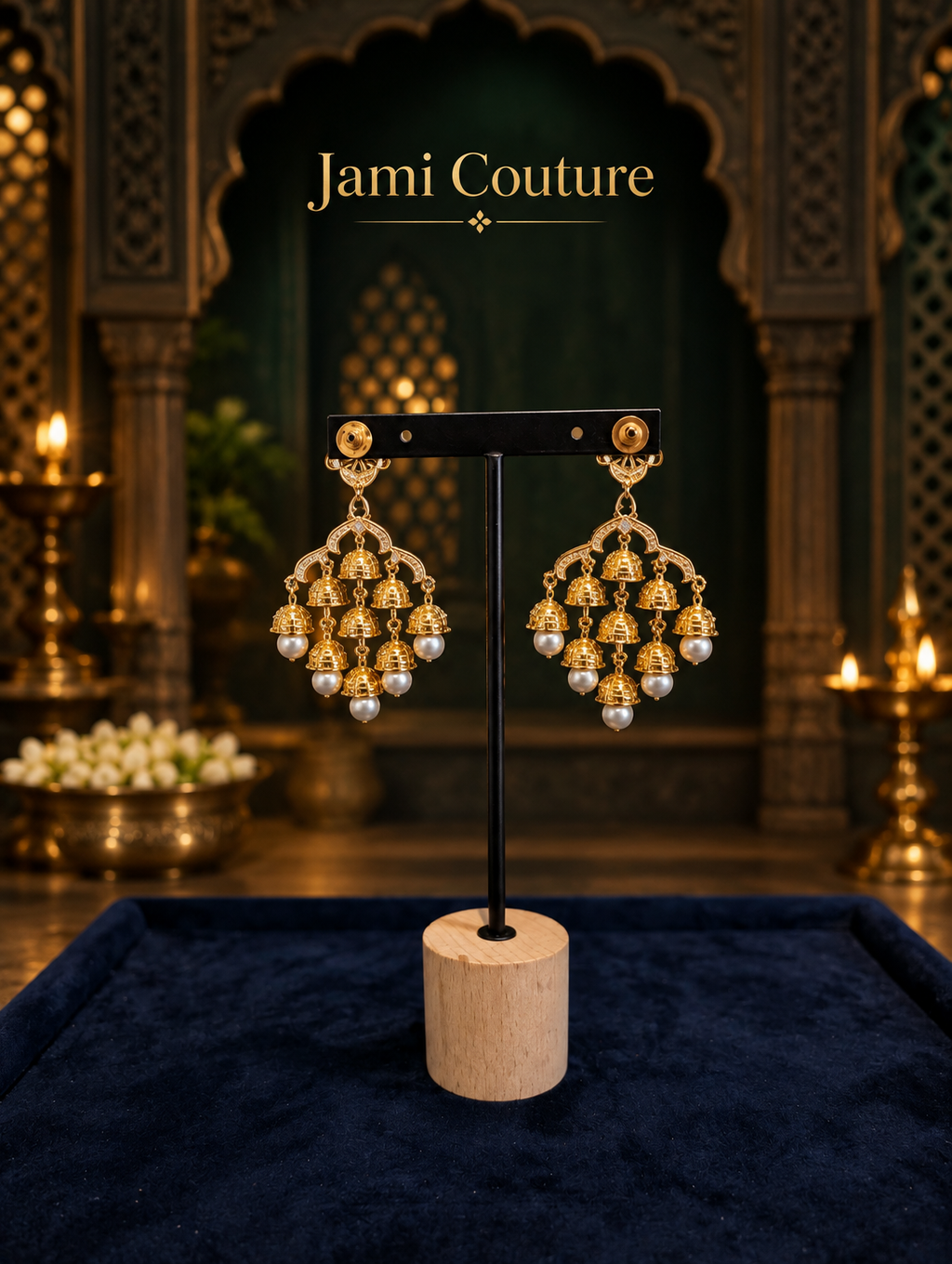 American Diamond Jhumka Chandelier Earrings with Pearl Drops | Two-Tone Bollywood Style