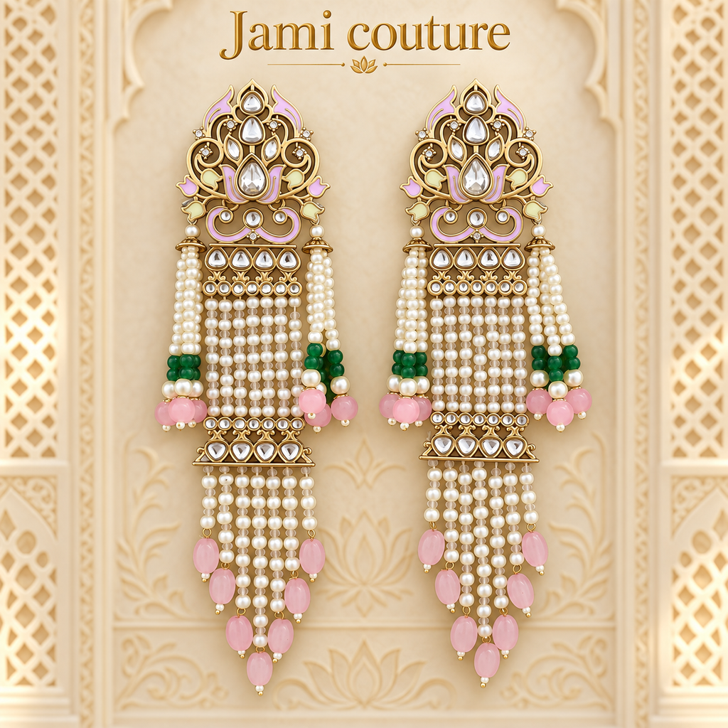 Pink Meenakari Pearl Chandelier Earrings with Kundan & Green Bead Detailing | Long Statement Earrings