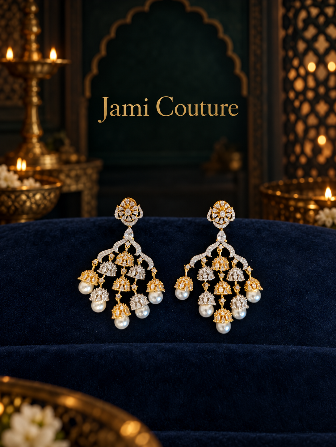 American Diamond Jhumka Chandelier Earrings with Pearl Drops | Two-Tone Bollywood Style