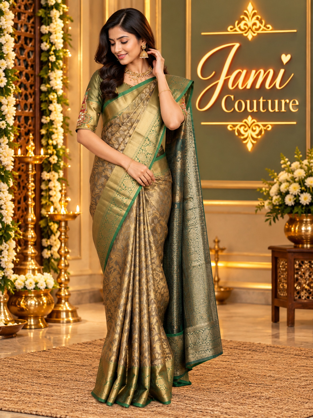 Green & Antique Gold Kanchivaram Silk Saree