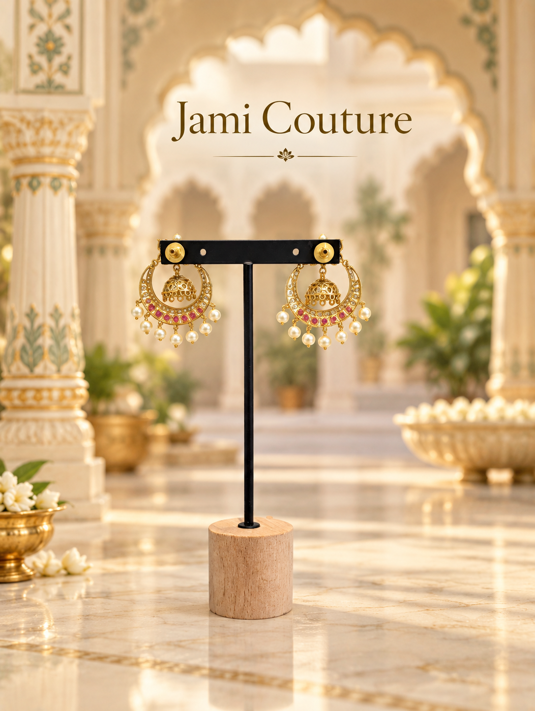Chandbali Jhumka Earrings with Ruby, CZ & Pearl Detailing | Antique Gold Plated