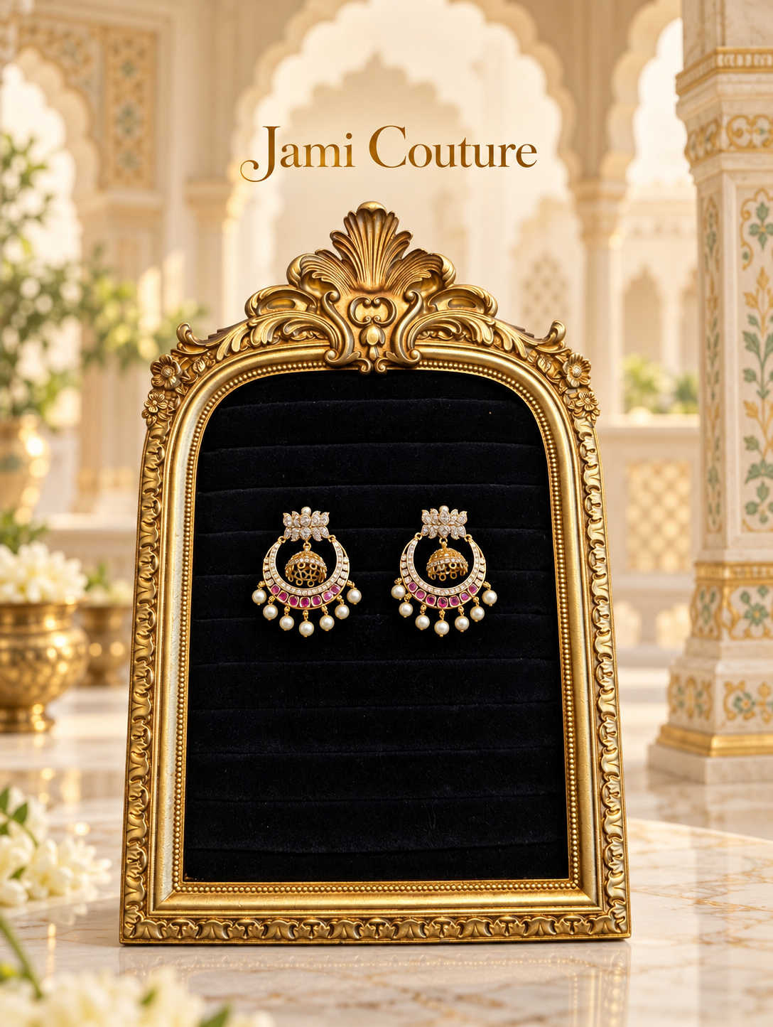 Chandbali Jhumka Earrings with Ruby, CZ & Pearl Detailing | Antique Gold Plated