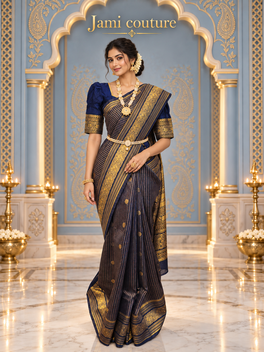 Navy Banarasi Soft Silk Saree, Zari Peacock Border