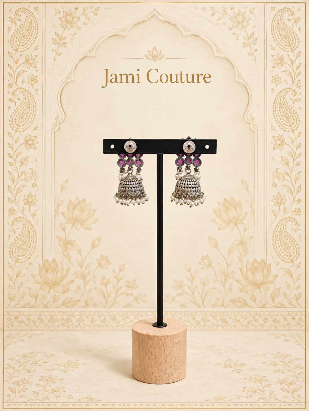 Oxidised Silver Ruby Lotus Jhumka Earrings with Pearl Cluster Fringe | Temple Style