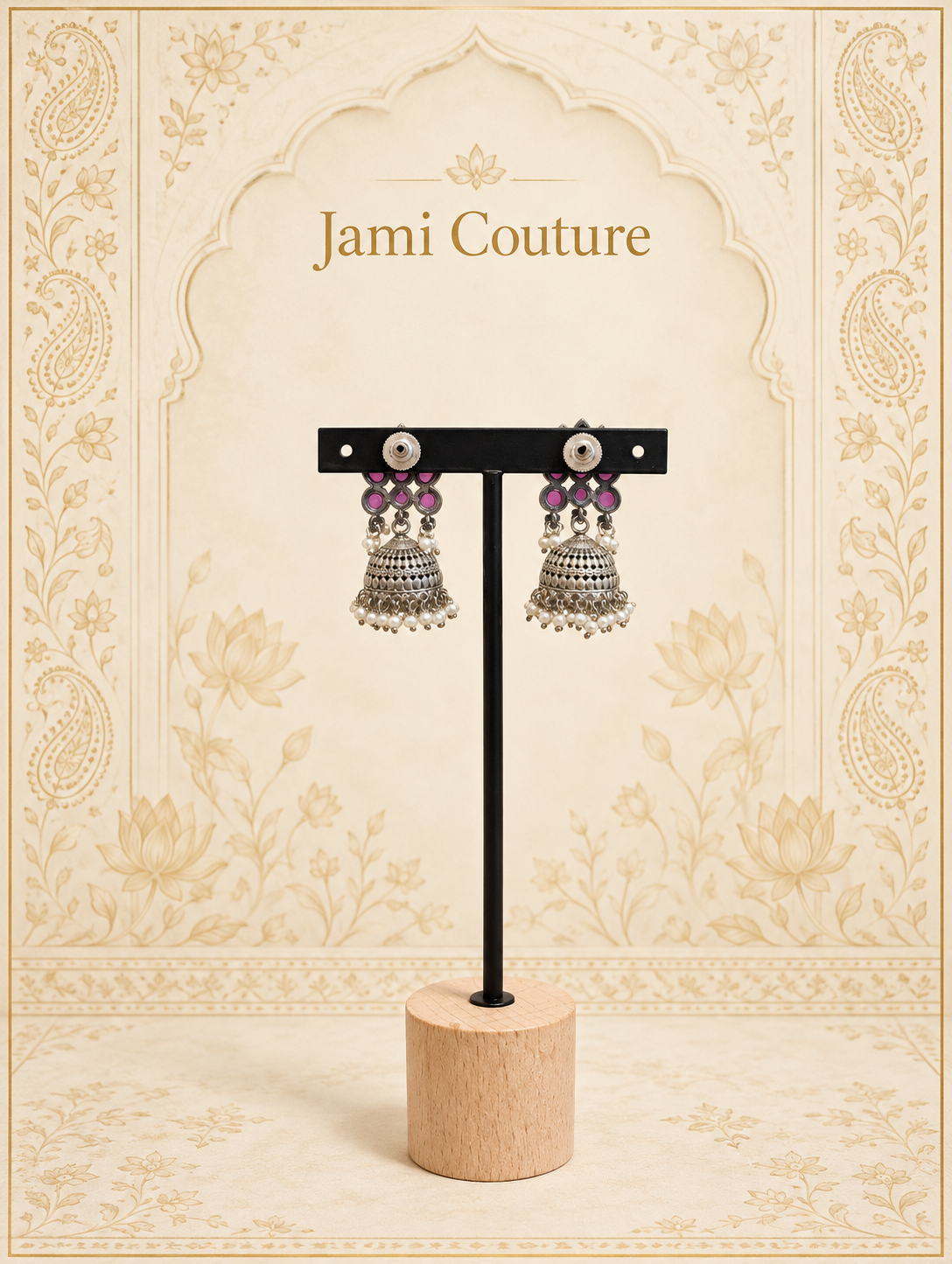 Oxidised Silver Ruby Lotus Jhumka Earrings with Pearl Cluster Fringe | Temple Style