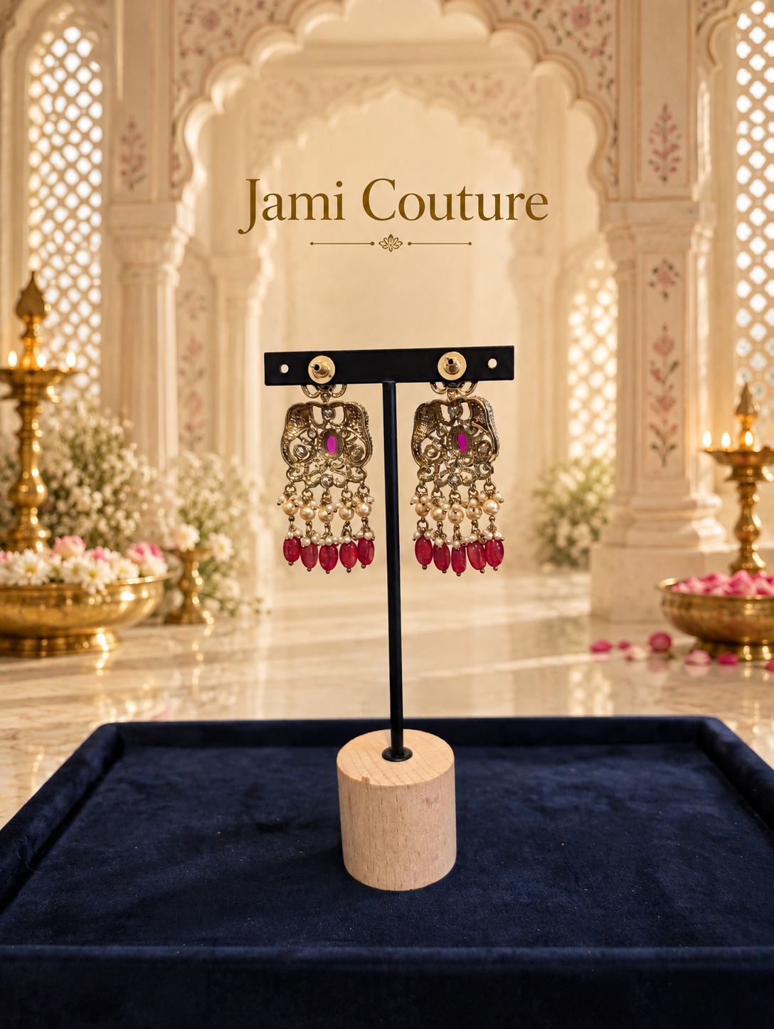 Kundan Peacock Chandbali Earrings with Ruby, Pearl & Bead Drops | Mehndi Gold