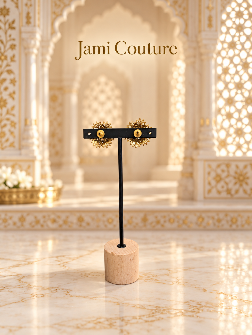 Polki Floral Starburst Stud Earrings with CZ Detailing | Rajwadi Antique Gold Tops