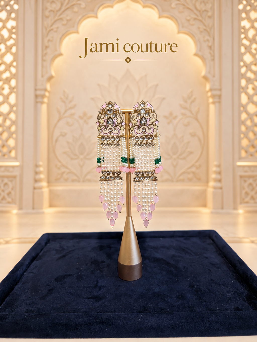 Pink Meenakari Pearl Chandelier Earrings with Kundan & Green Bead Detailing | Long Statement Earrings