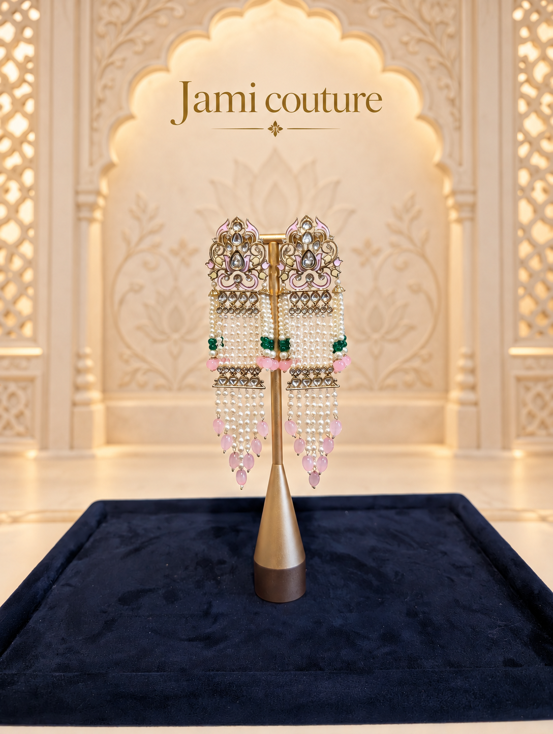 Pink Meenakari Pearl Chandelier Earrings with Kundan & Green Bead Detailing | Long Statement Earrings