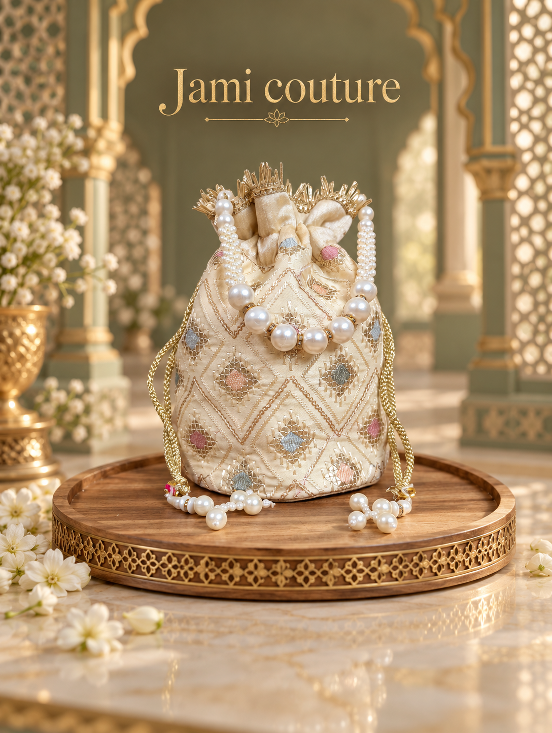 Cream & Gold Embroidered Potli Bag with Pearl Handle & Tassels | Drawstring Clutch