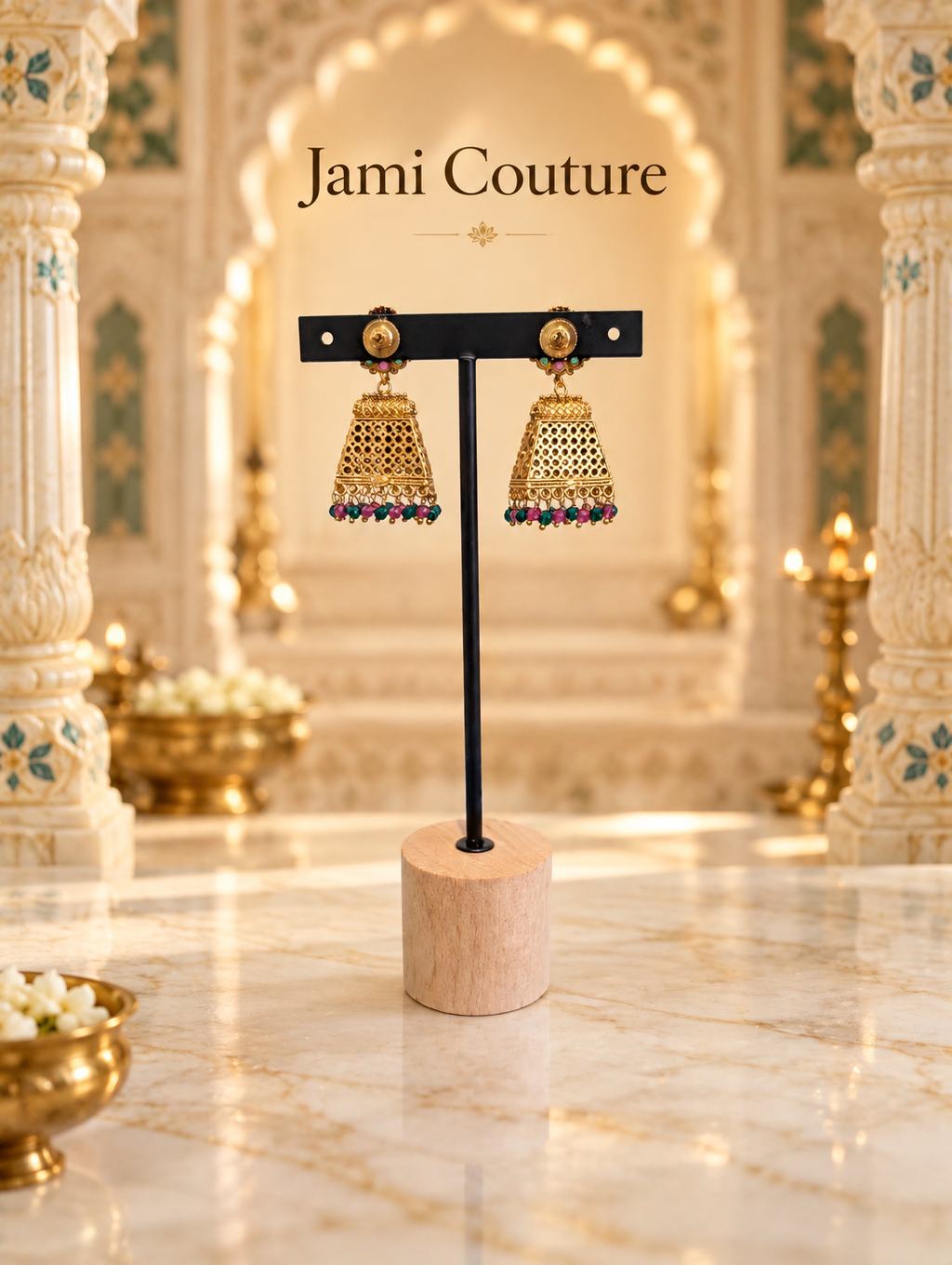 Temple Lakshmi Jhumka Earrings with Ruby, Emerald & Bead Detailing | Antique Matte Gold