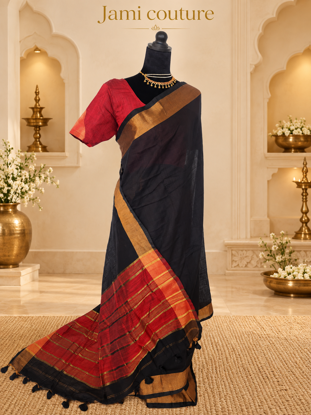 Black & Maroon Premium Khadi Cotton Saree with Copper Zari Border | Red Contrast Blouse