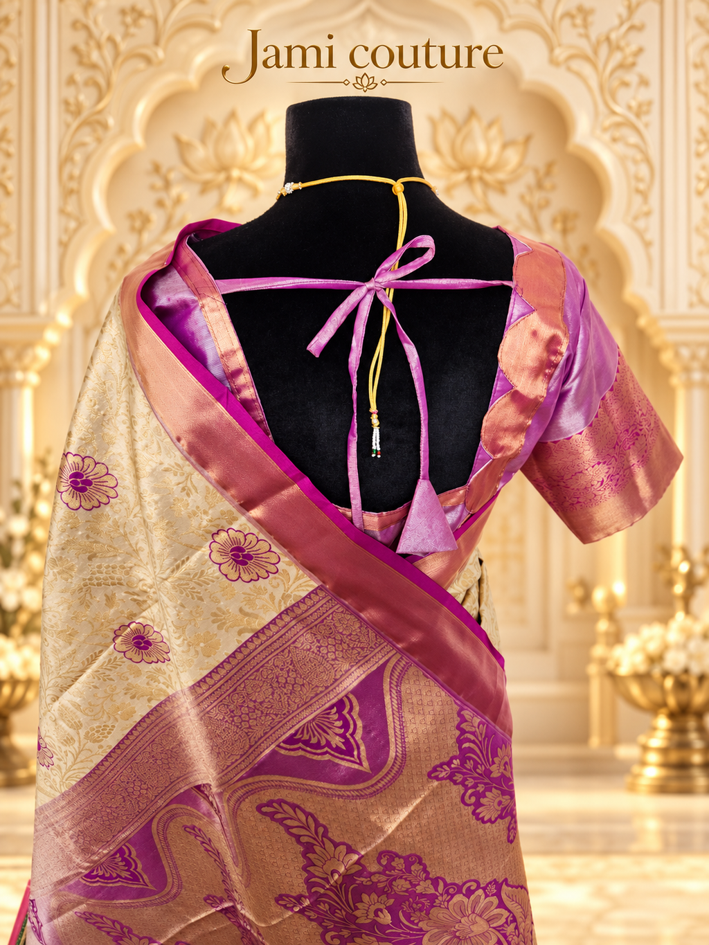 Ivory Gold Kanchipuram Silk Saree with Magenta Zari Border & Floral Motifs | Matching Stitched Blouse