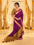 Magenta & Mustard Premium Khadi Cotton Saree with Gold Zari Border | Mustard Contrast Blouse