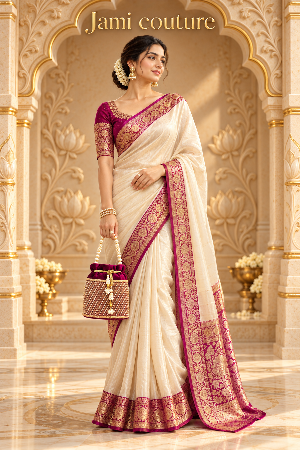 Magenta Velvet Potli Bag with Pearl Beadwork & Gold Trim | Pearl Handle Clutch