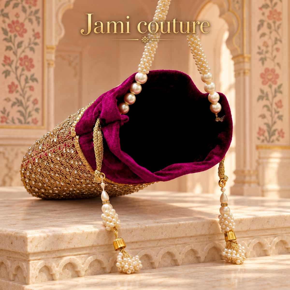 Magenta Velvet Potli Bag with Pearl Beadwork & Gold Trim | Pearl Handle Clutch