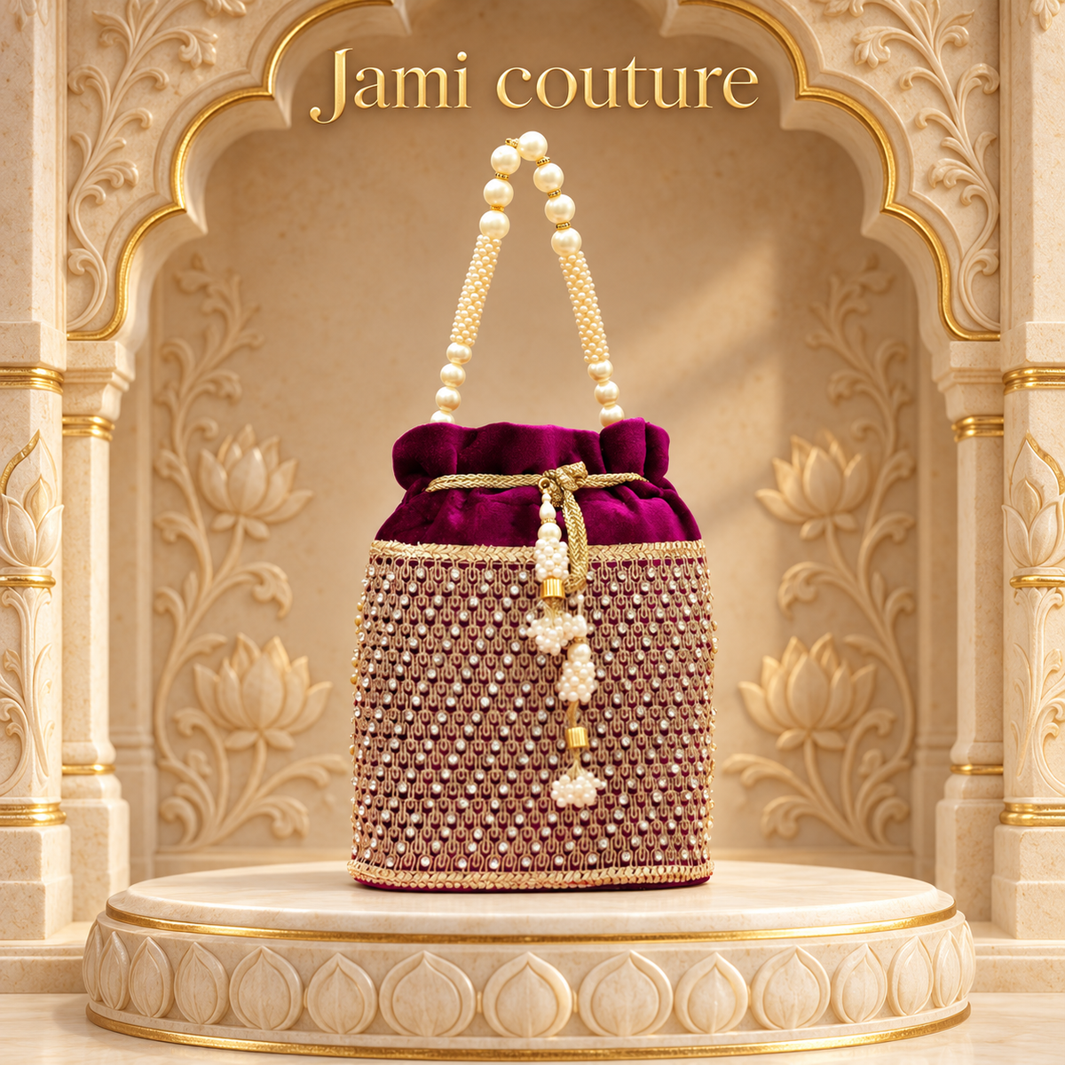Magenta Velvet Potli Bag with Pearl Beadwork & Gold Trim | Pearl Handle Clutch